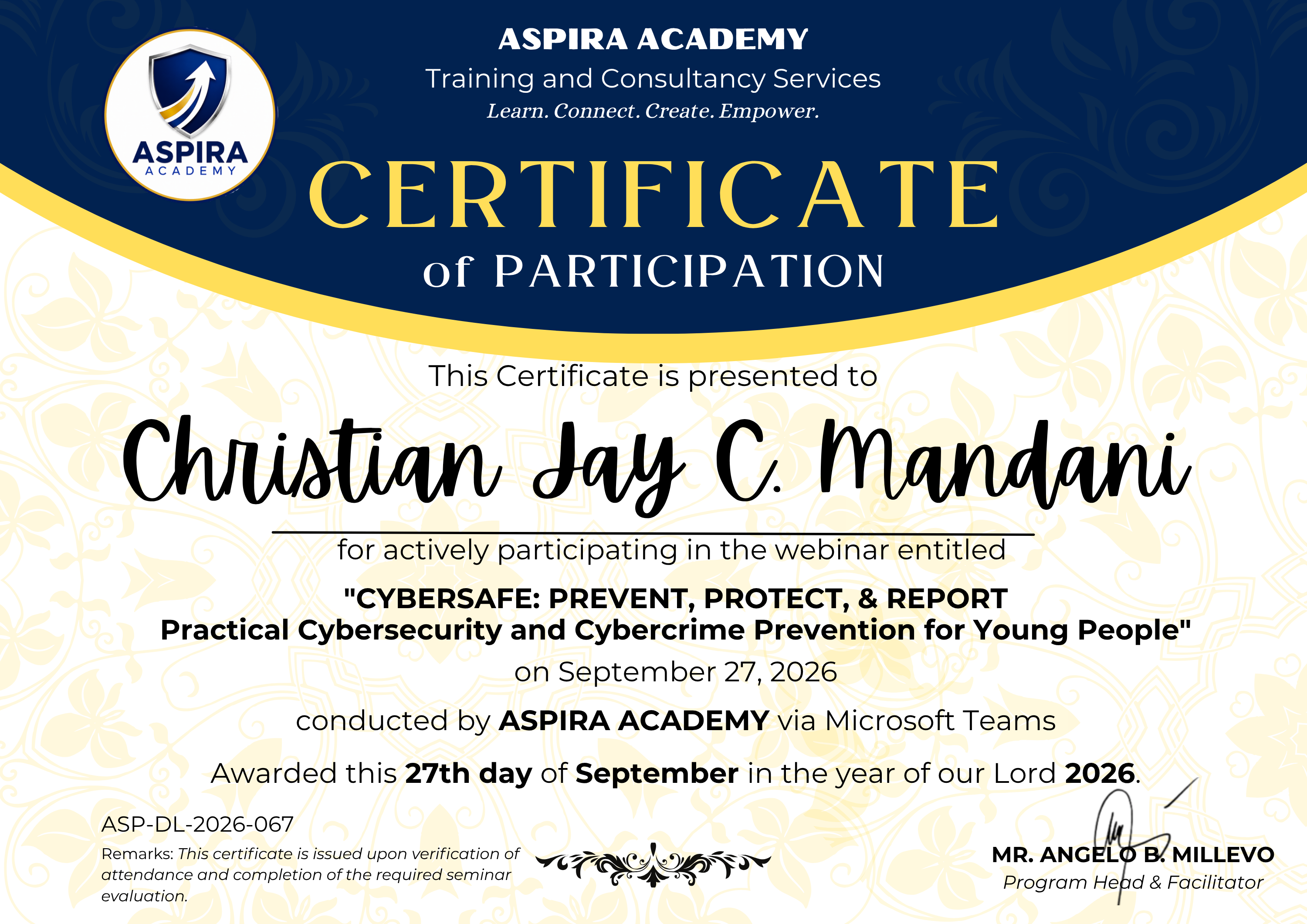 CYBERSAFE: Prevent, Protect, & Report Certificate of Participation